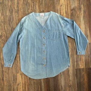 Vtg Denim Republic L/S V-Neck Button-Up Cotton Shirt Womens Lg 90s Faded Blue